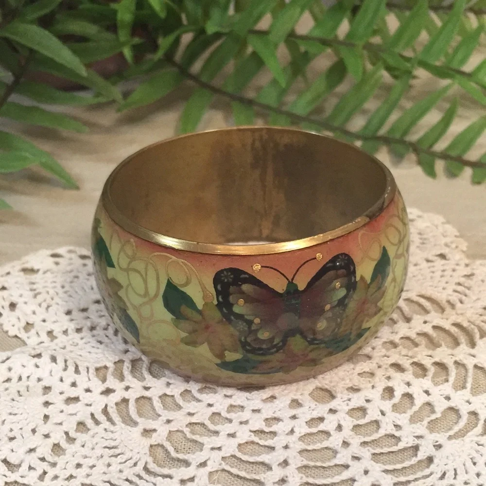 Vintage Floral And Butterfly Enameled Brass Bracelet - Picture 4 of 13